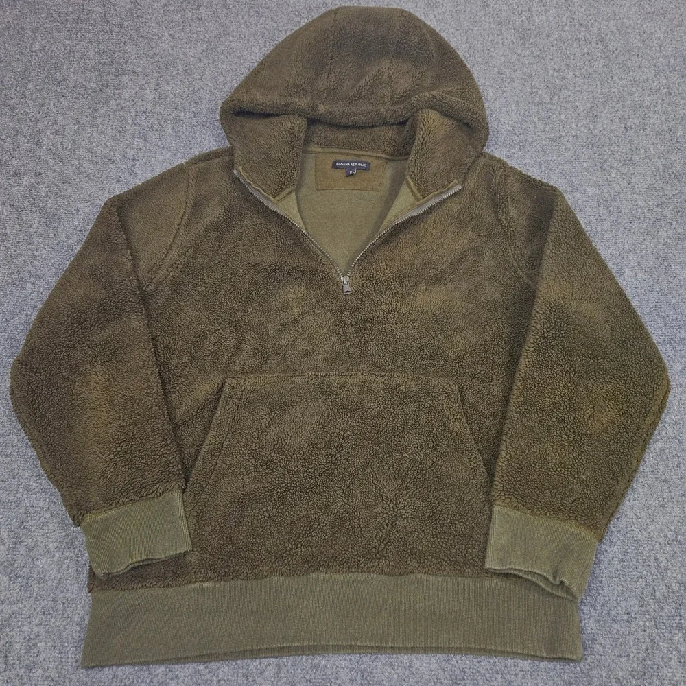 Banana Republic Mens Hoodie XL Olive Green Sherpa Fleece Sweatshirt Outdoor Cozy